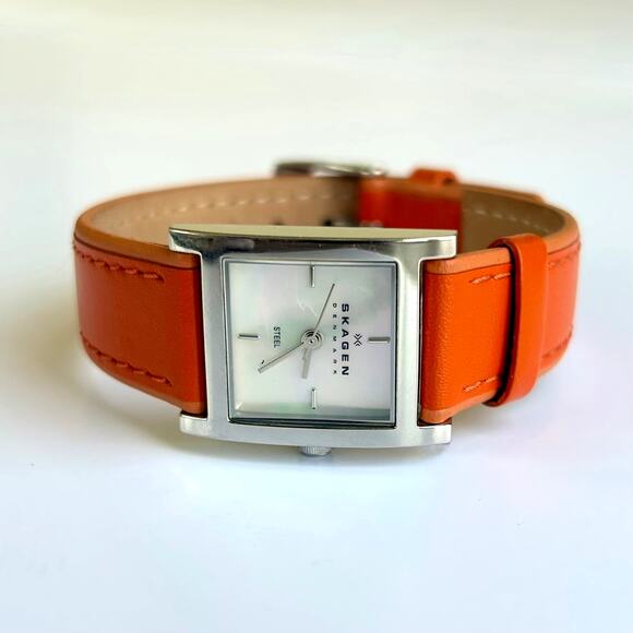 Skagen Denmark Square Watch Mother of Pearl Orange Leather Strap 2000s Vintage main image 13